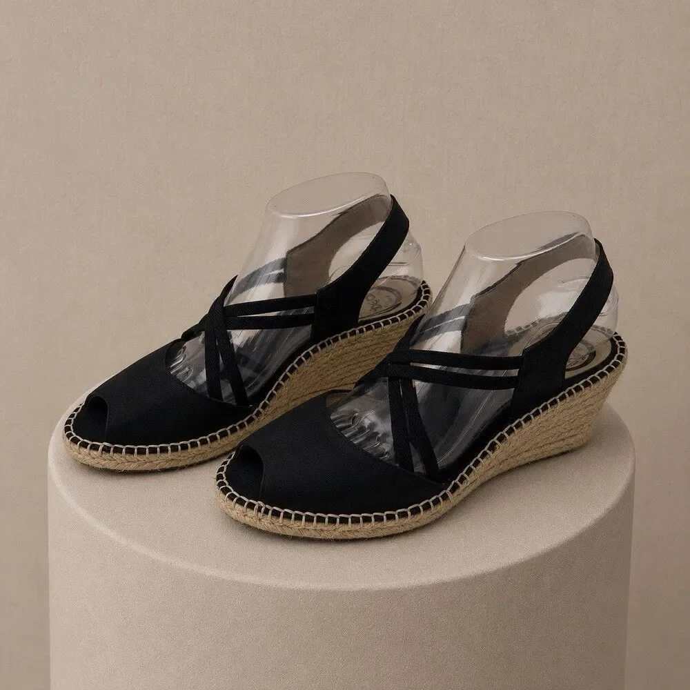 ABEO Delano Espadrille Wedge Sandal Black Leather Peep Toe Slip On 9N Crisscross